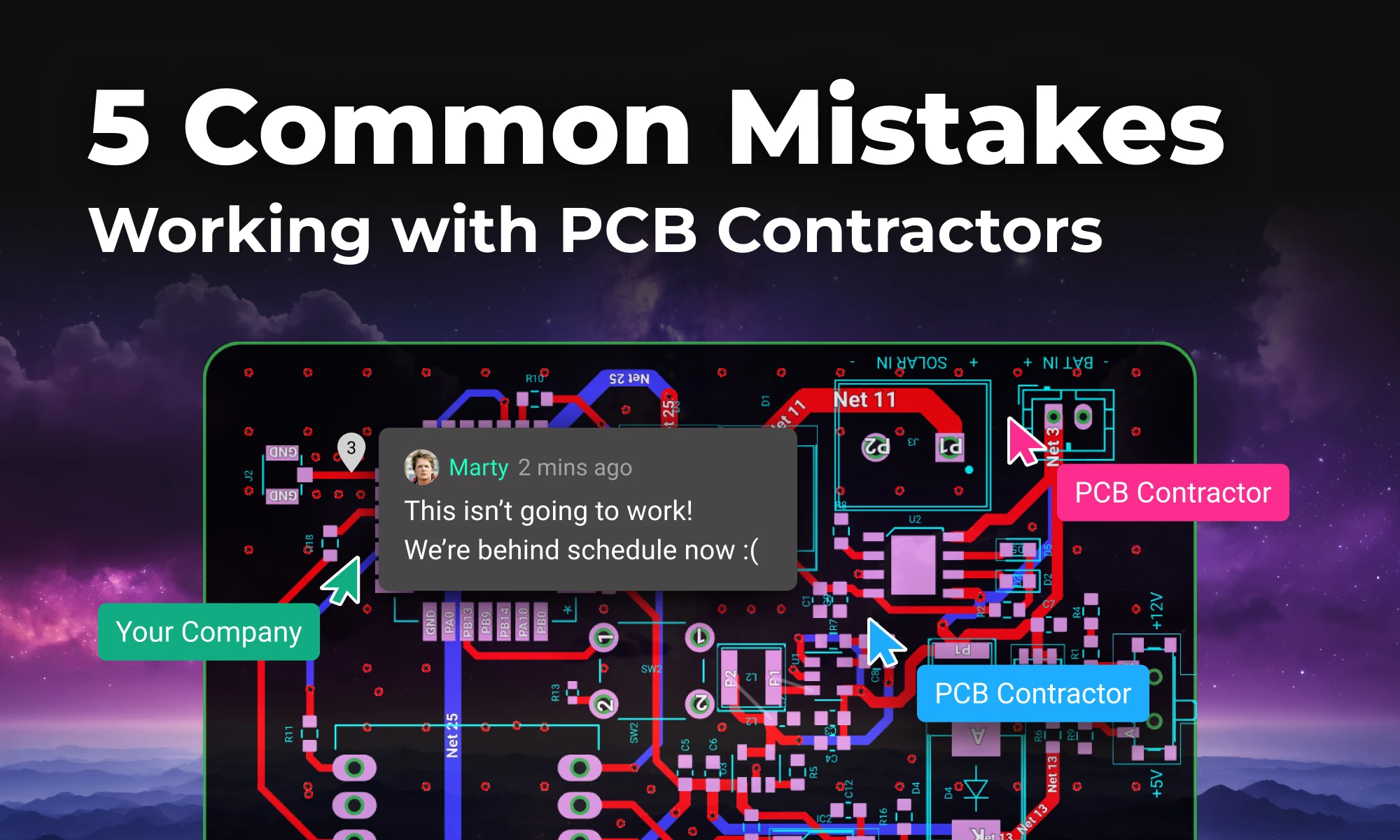 Illustration titled '5 Common Mistakes Working with PCB Contractors' showing a PCB design tool Flux with online collaboration mouse cursor for 'Your Company' and 'PCB Contractor'. A chat message overlay from 'Marty' states, 'This isn’t going to work! We’re behind schedule now :(.'"