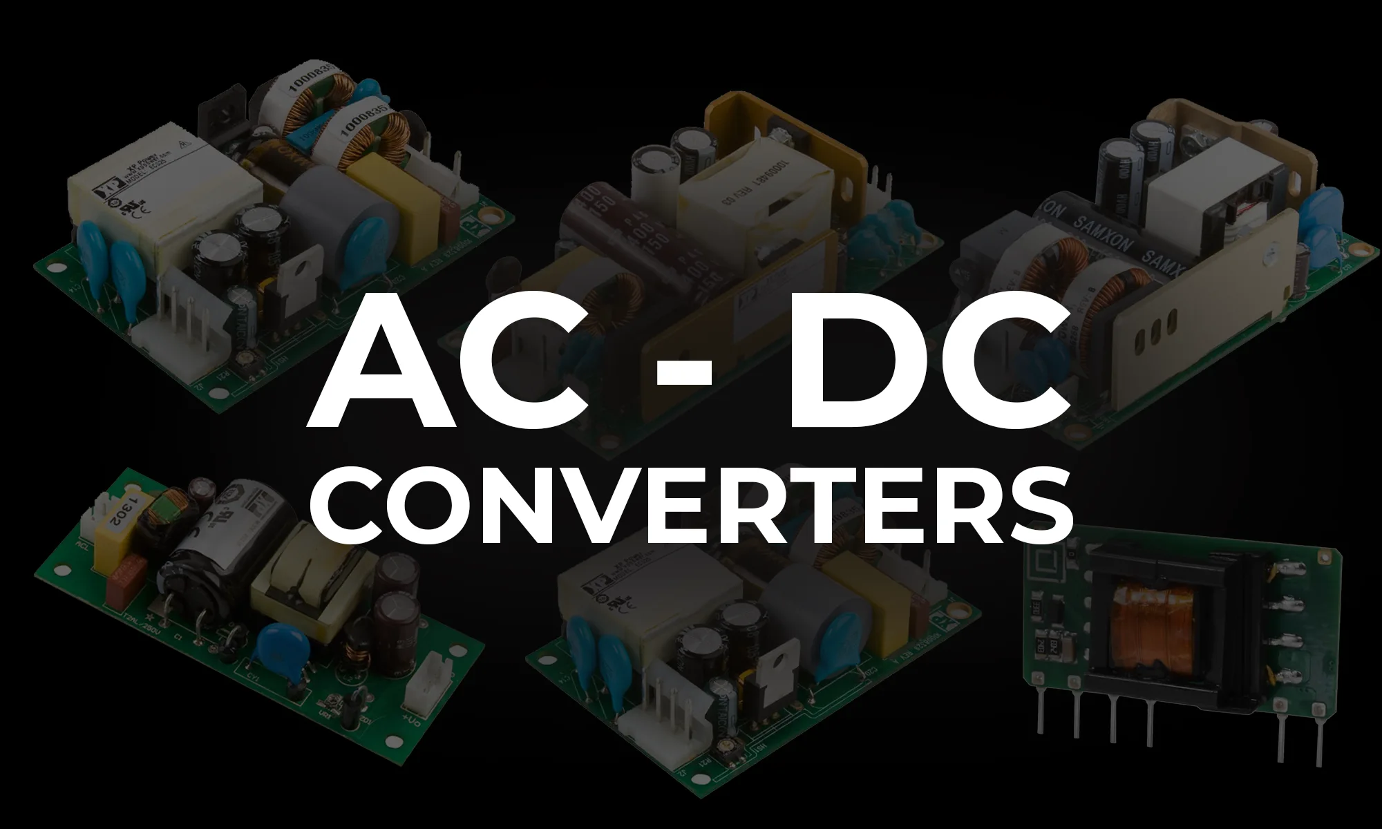 An array of AC to DC converter circuit boards featuring components like transformers, bridge rectifiers, and capacitors to facilitate the conversion of alternating current to direct current.