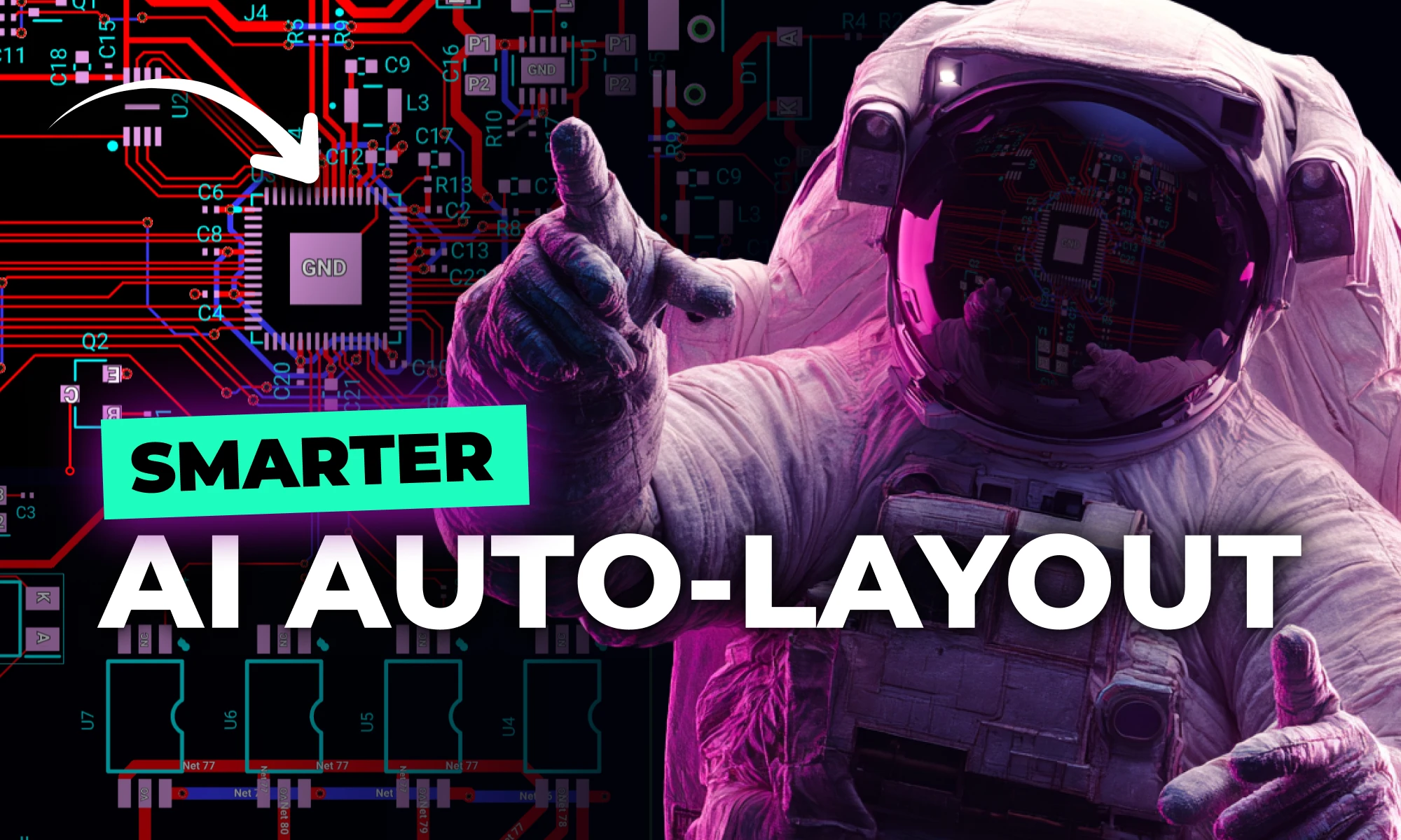 Flux Copilot astronaut points at a PCB with the text “Smarter AI Auto‑Layout” overlaid, highlighting the intelligence of Flux’s AI Auto‑Layout feature.
