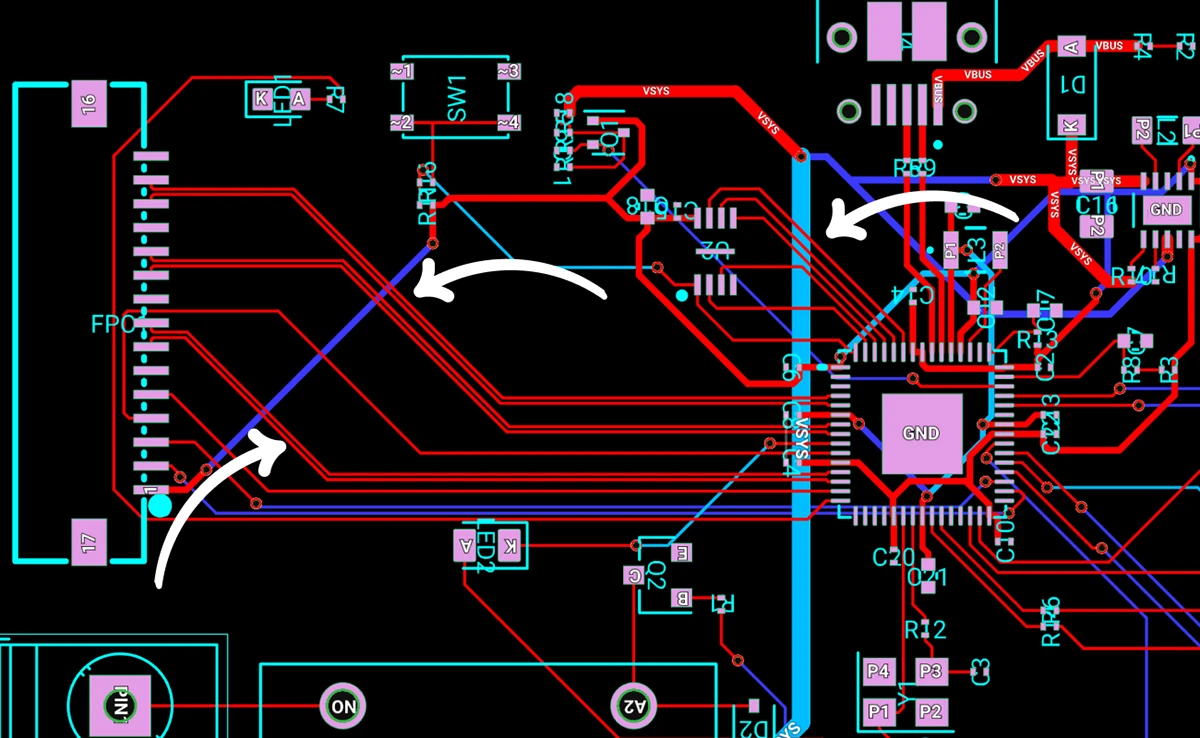 A pcb board with traces on 2D, pointing out how AI Auto-Layout routed the high-speed signals, MIPI-CSI and ESP32's QSPI bus.