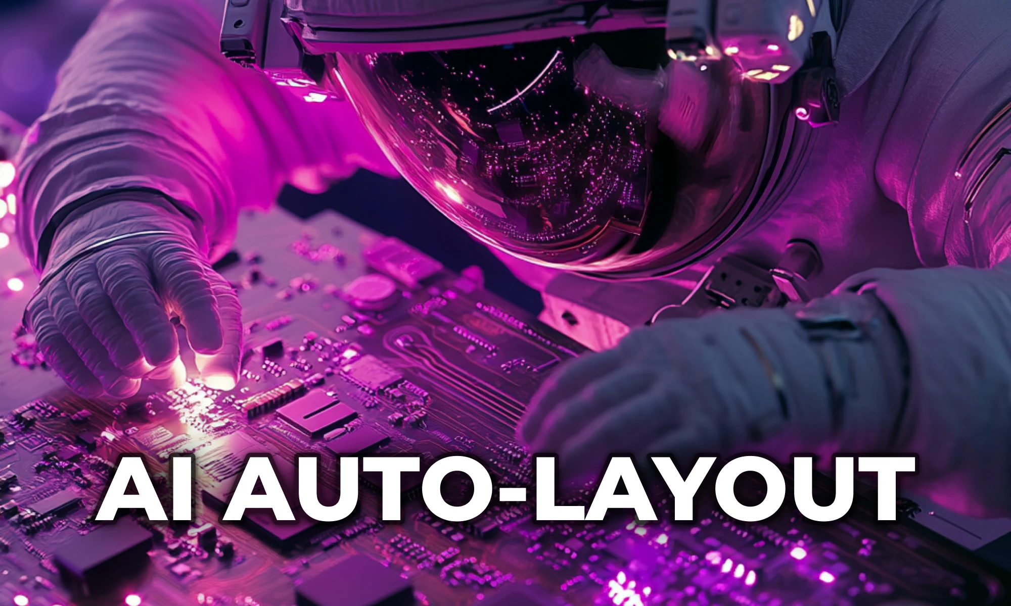 An astronaut placing electronics components and tracing complex signals on a complex glowing PCB board.