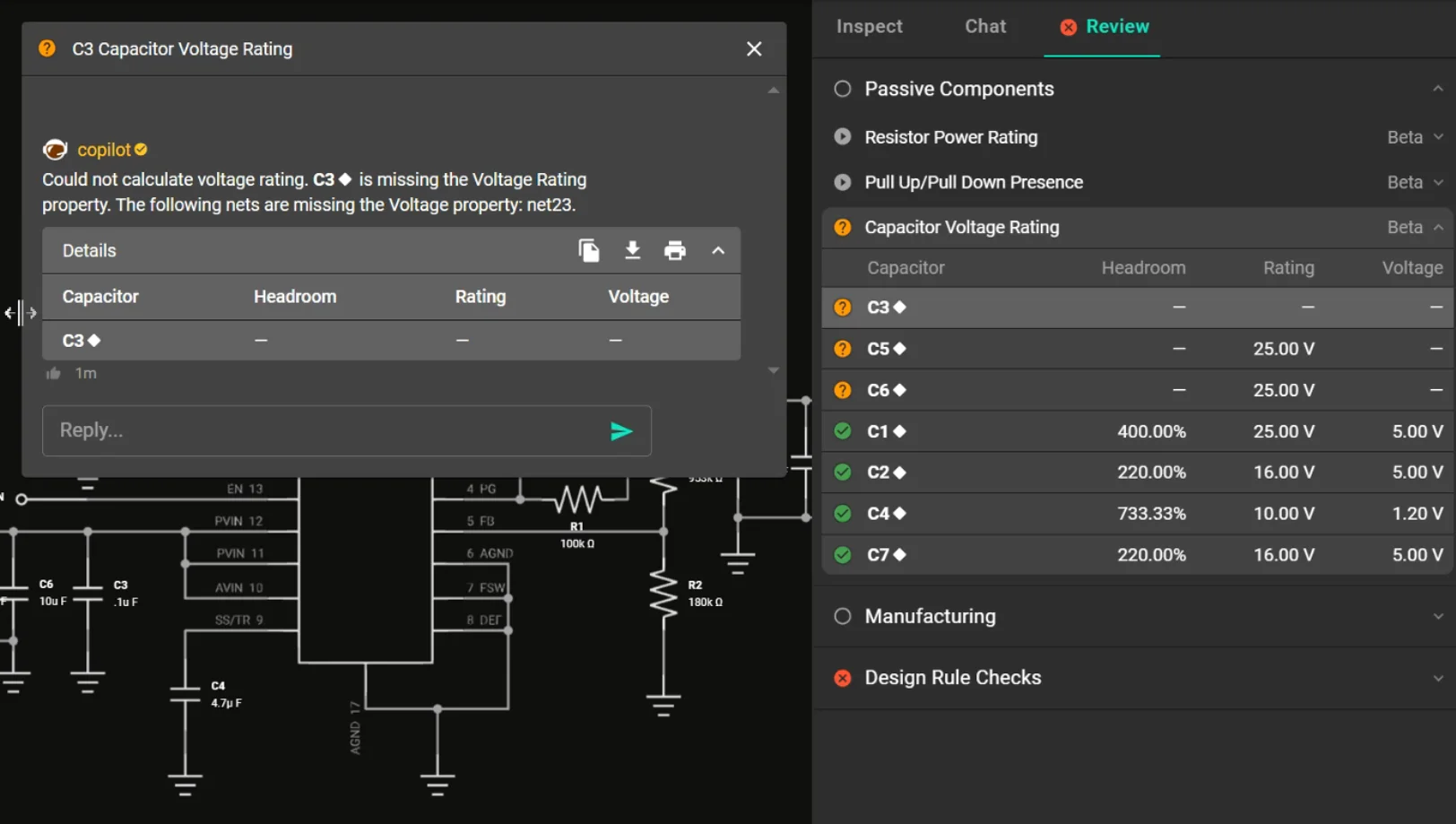 Screenshot of a PCB design tool showing an AI-powered review panel. The review panel highlights capacitor with a red error indicating a voltage rating below the required safe margin. Demonstrating the AI's capability to recommend fixes for flagged issues.