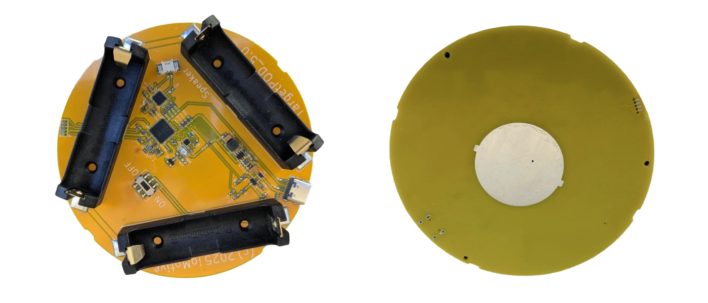 Top and bottom view of a circle-shaped RF design PCB board, with 3 holder for a battery.