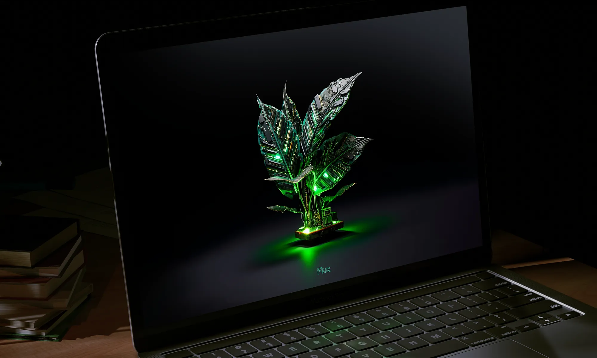 An open laptop on a desk with a dark backdrop. The screen displays a vivid and intricate graphic of a plant with leaves composed of electronic chips and electronic components, illuminated by a green, neon-like glow at the base. The luminescence casts a soft, ambient light onto the surrounding area.