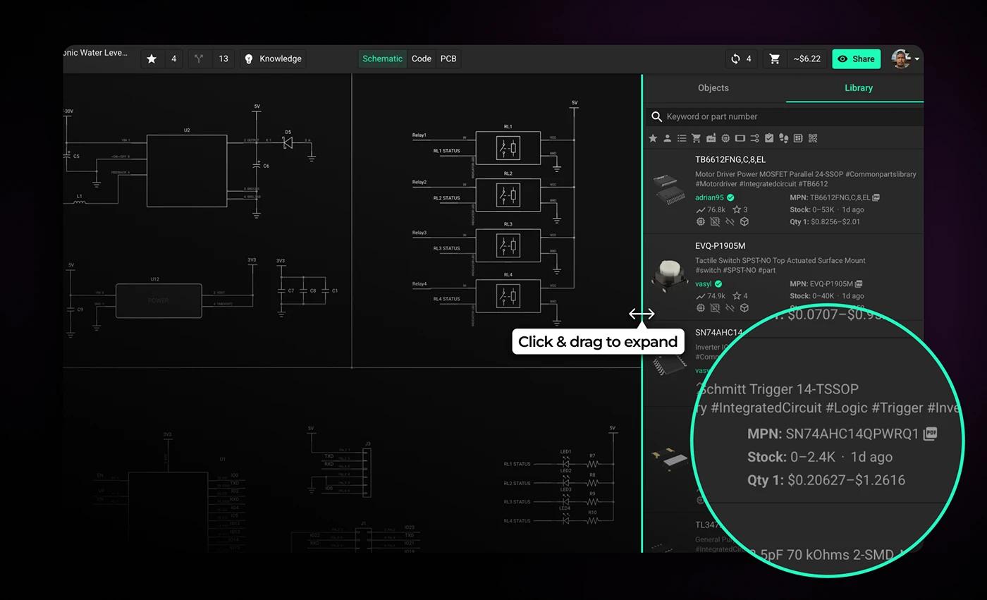 how to expand the part library panel in Flux to see more details about part's pricing and availability
