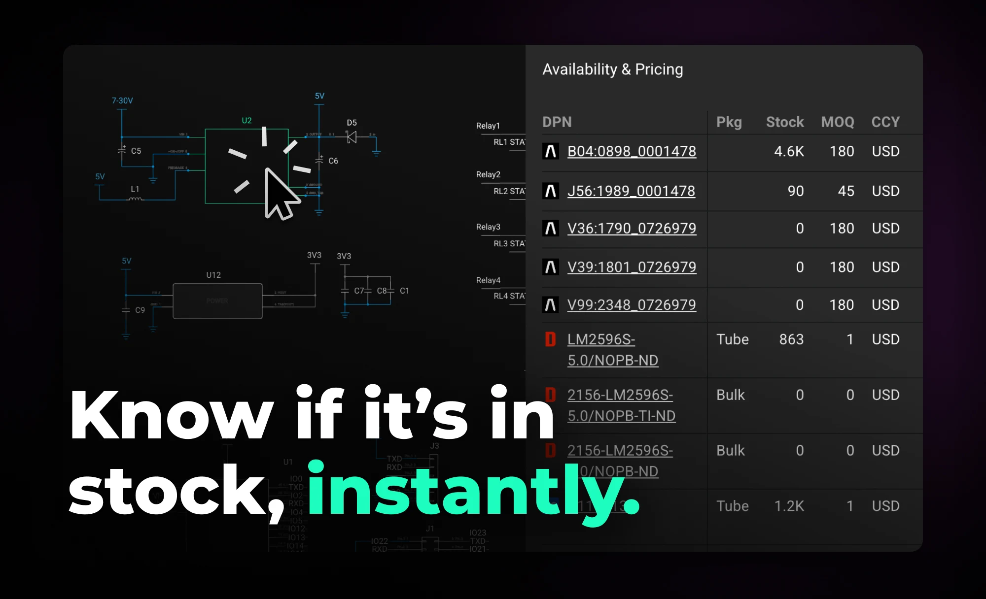 Flux helps you design with live pricing and stock data, using AI to find in-stock parts and fast replacements before your BOM breaks.