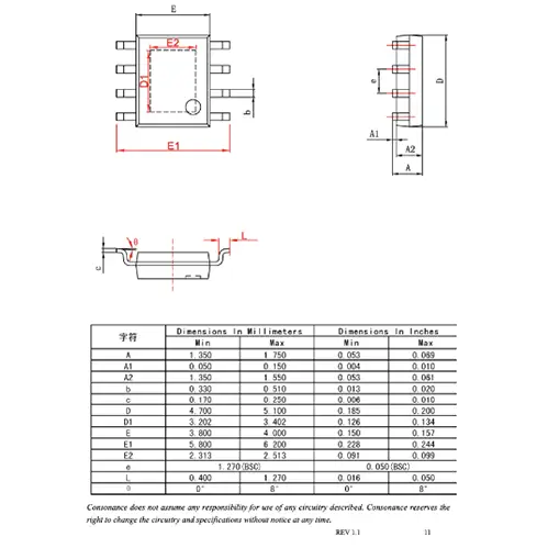 a soic-8 intergrated circuit pin out and its dimension