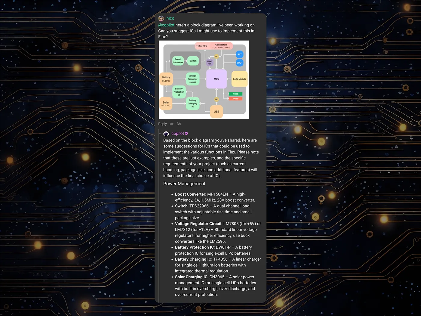 Flux copilot chat screen showing one of the use case where it can suggest components right from reading a block diagram image