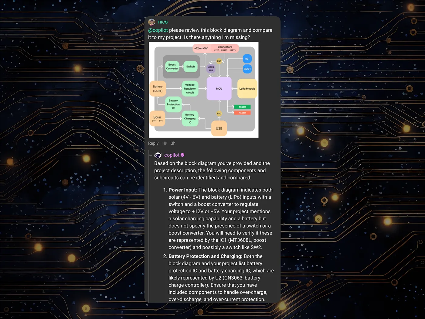 Flux copilot chat screen showing one of the use cases where it can compare your Flux schematic diagram from reading a block diagram image