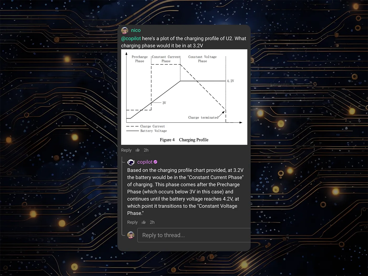 Flux copilot chat screen showing one of the use cases where it can analyze and recommend charging profile of one of your components just by reading it from a chart image