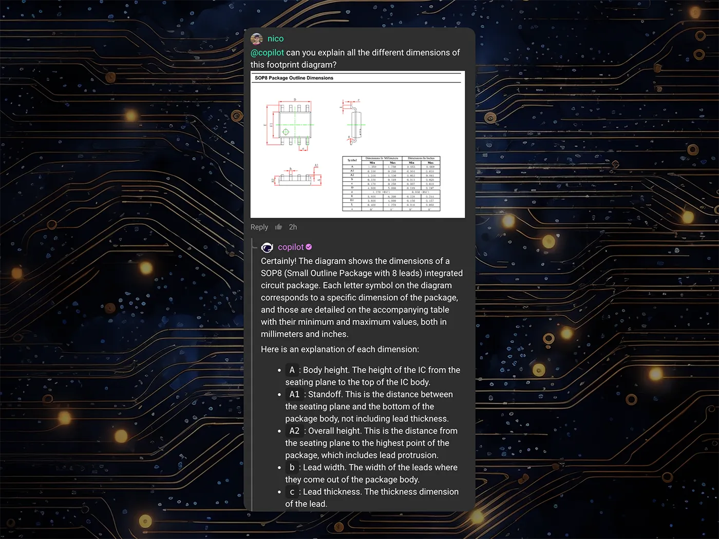 Flux copilot chat screen showing one of the use cases where it can explain different dimensions from a footprint diagram screenshot or image