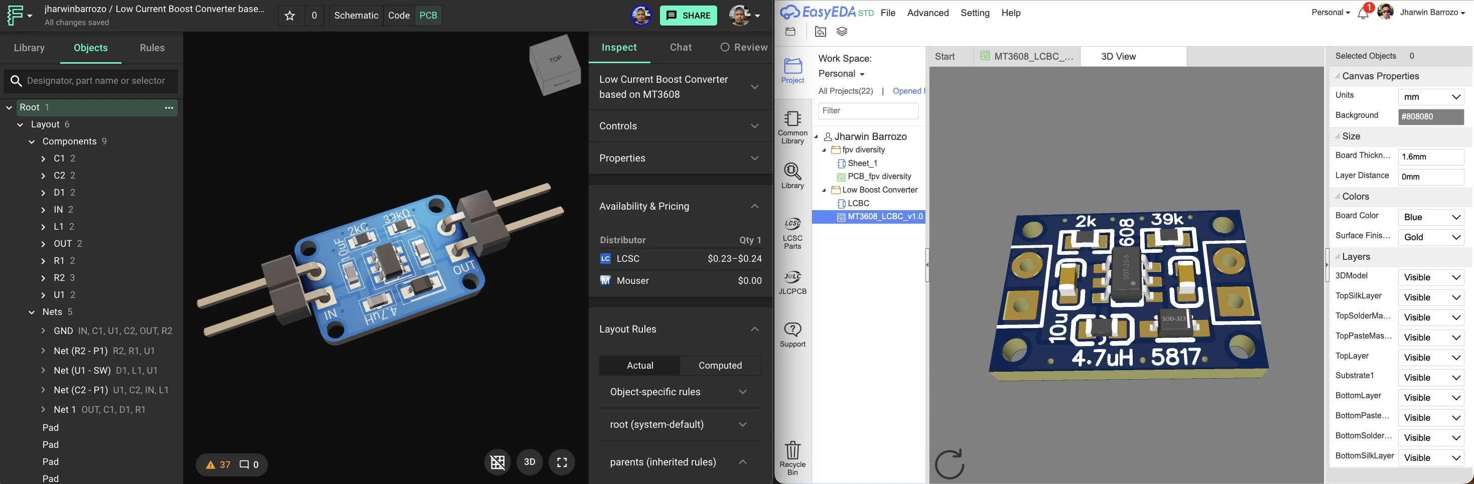 Side by side comparison of EasyEDA and Flux PCB 3D preview tool. The project is a Cheap and low-profile 12V boost converter based on MT3608 for low current applications. Maximum current 30mA