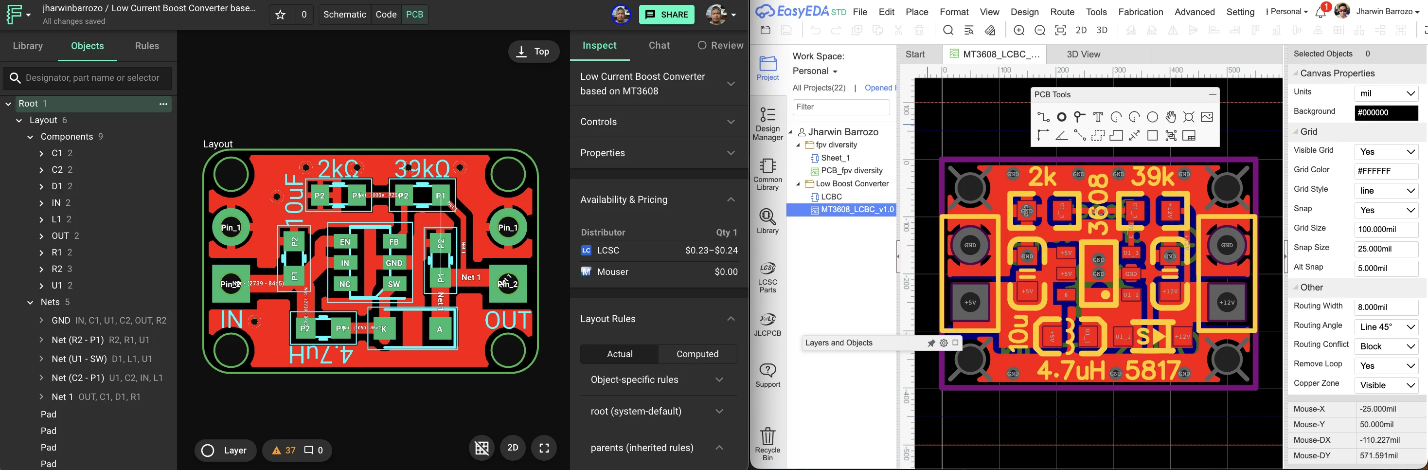 Side by side comparison of EasyEDA and Flux PCB design tool. The project is a Cheap and low-profile 12V boost converter based on MT3608 for low current applications. Maximum current 30mA