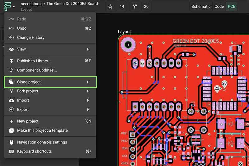 A screenshot of how to clone an electronic project in Flux, opening the top left navigation and highlighting the Clone Project button.