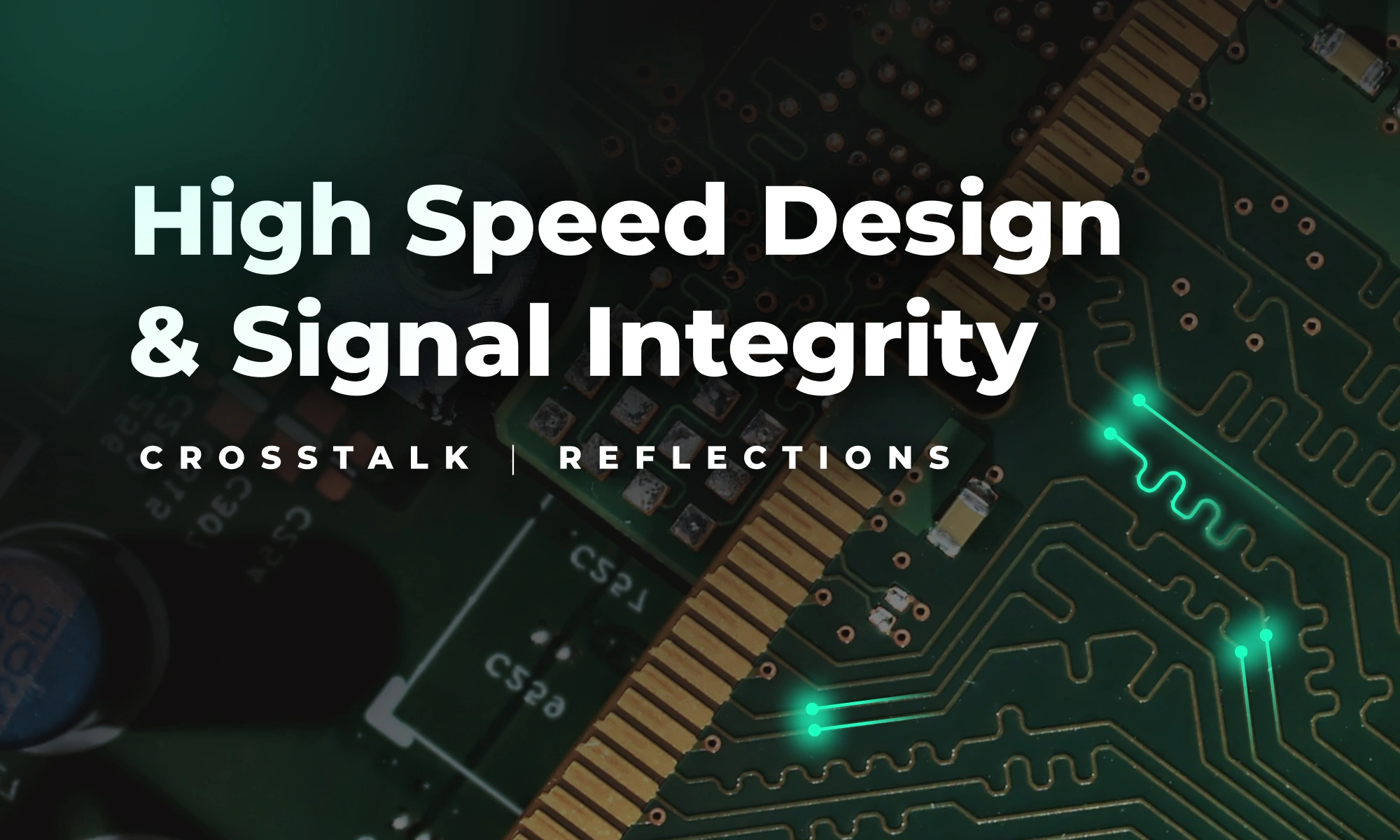 High speed pcb design traces glowing over a complex pcb board. Visible are serpentine length-matched traces.
