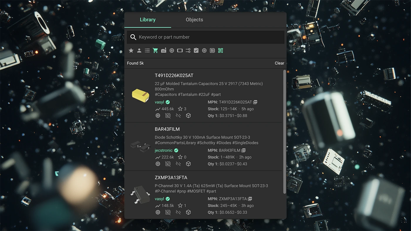 Easy to use part library panel in Flux, where you can find over 800,000 electronic components.