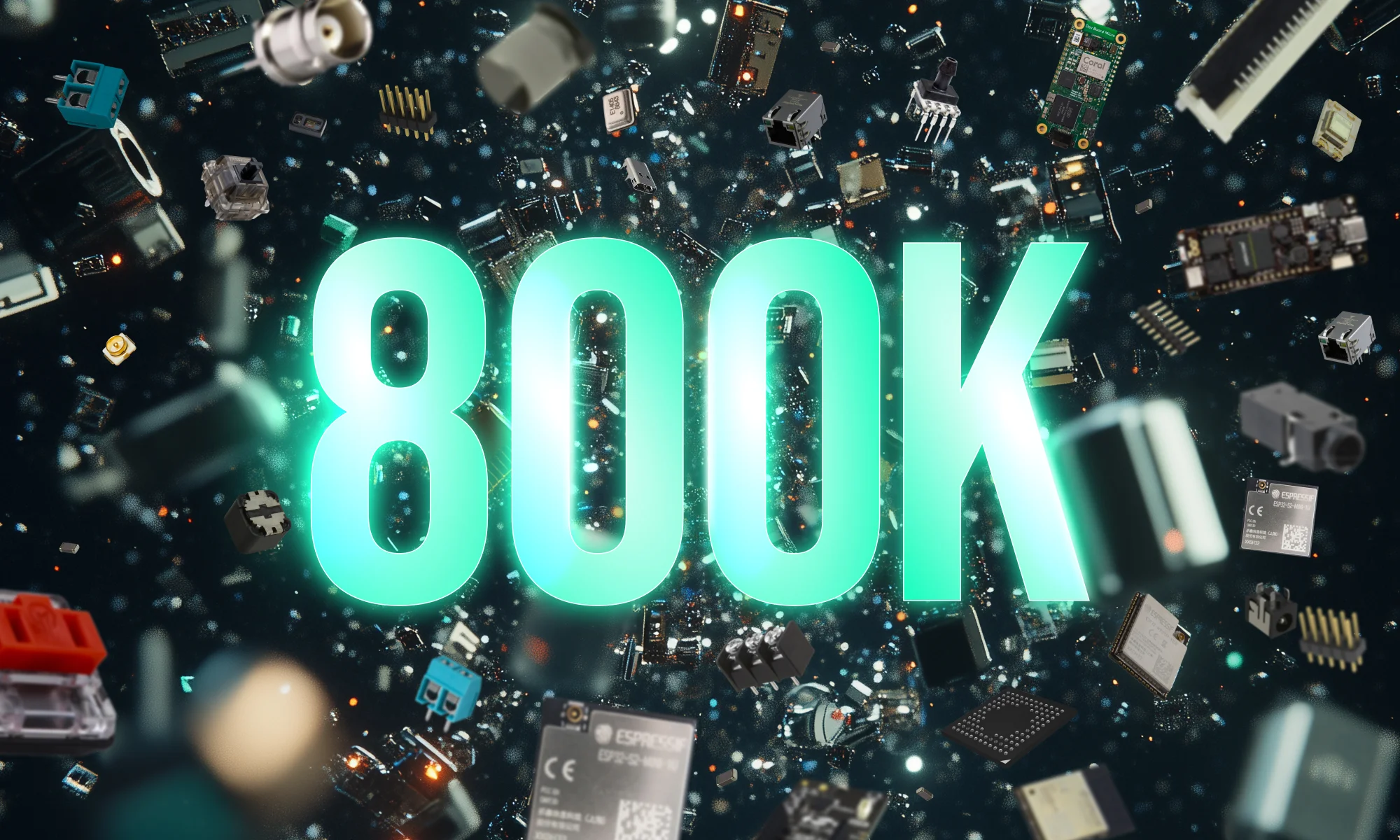 Scattered million of electronic components in space, with 800k super bright text at the center. This is the current number of components available at Flux today which is the largest electronic part library.