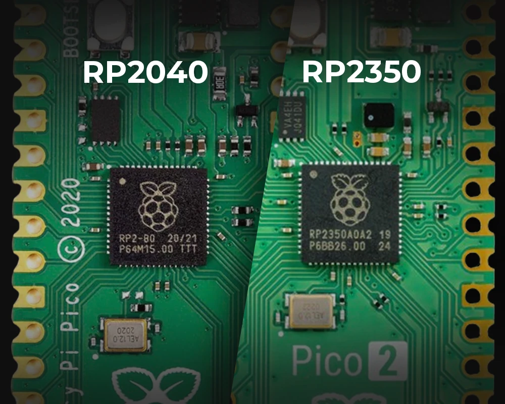 Close-up of System on Chio (SoC) of Raspberry Pi Pico RP2040 and Soc of latest Pi Pico 2 RP2350