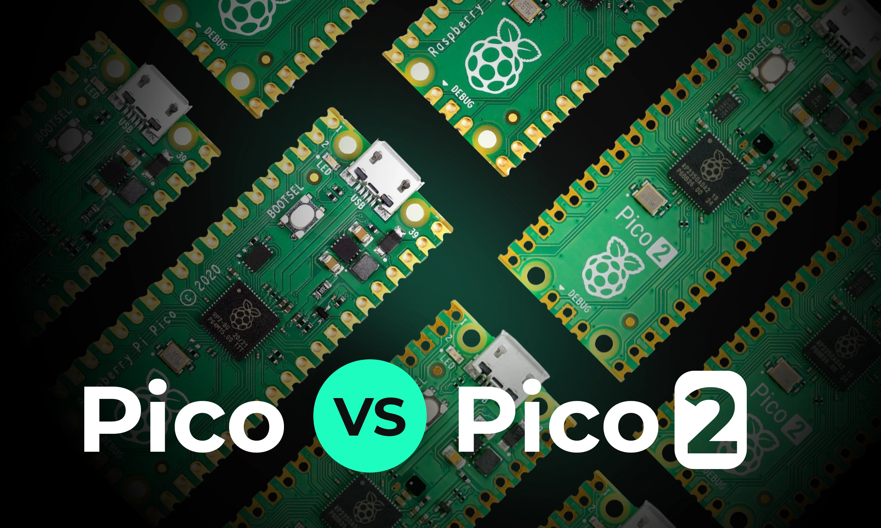 Photos of Raspberry Pi Pico 2 PCB board and its predecessor Raspberry Pi Pico boards laid out with a text suggesting their key differences