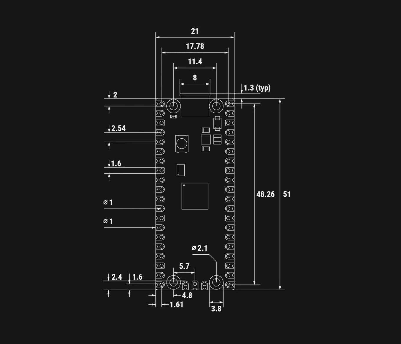 technical drawing of the footprint and dimensions of a Raspberry Pi Pico 2 board