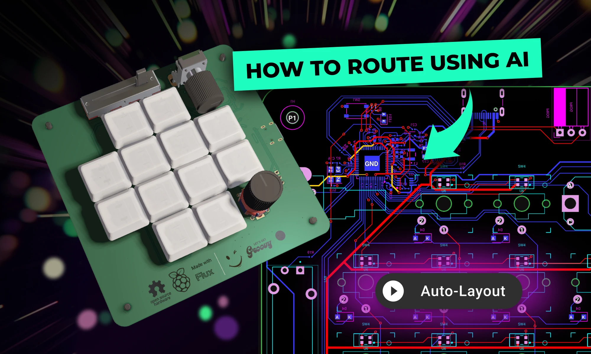 Two custom macro pads designed using Flux and powered by Raspberry Pi Pico. The pads feature 12 mechanical switches with per-key white keycaps, two rotary encoders for additional control, and a slide potentiometer for precise adjustments. Both boards are displayed with a vibrant purple PCB design, showcasing Flux's PCB editor and its newest AI Auto-Layout, and are compatible with popular manufacturer specifications.