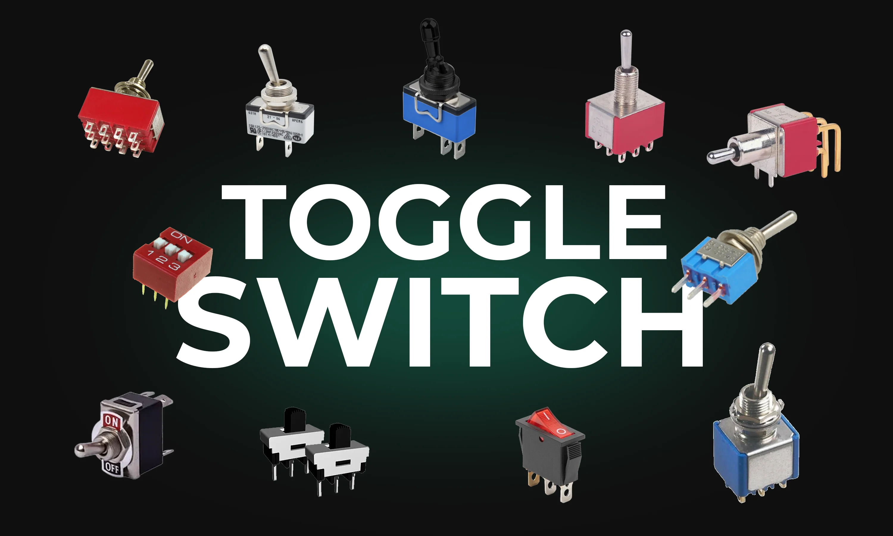 Different types of toggle switches scattered and a big text - Toggle switch