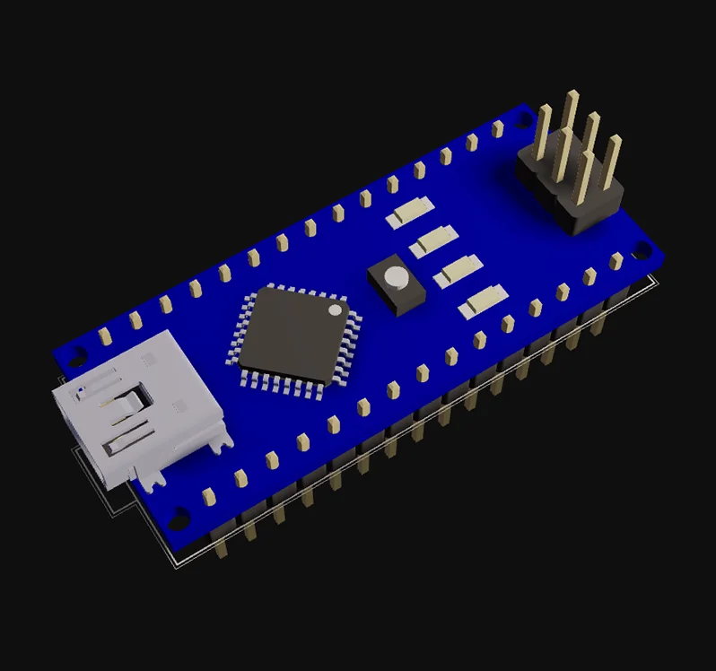 3d view of Arduino nano microcontroller development board