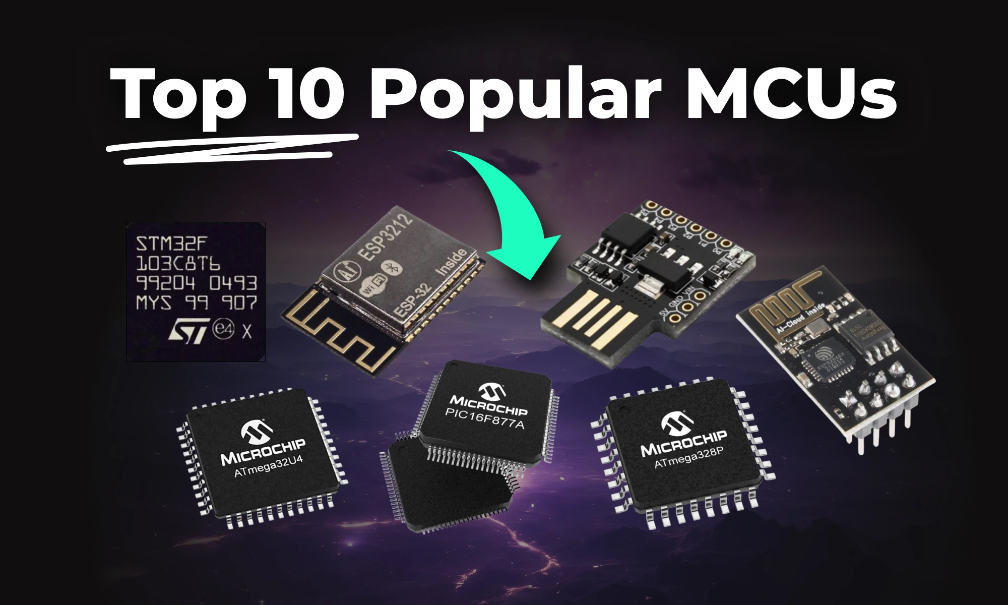 Top 10 Popular Microcontrollers for Embedded Systems including STM32F103C8T6, ESP32, ESP8266, ATtiny85, PIC16F877A, ATmega32U4, ATmega328P, and more. Essential MCUs for IoT, DIY projects, and professional PCB designs with key features like Wi-Fi, USB, and Bluetooth support.