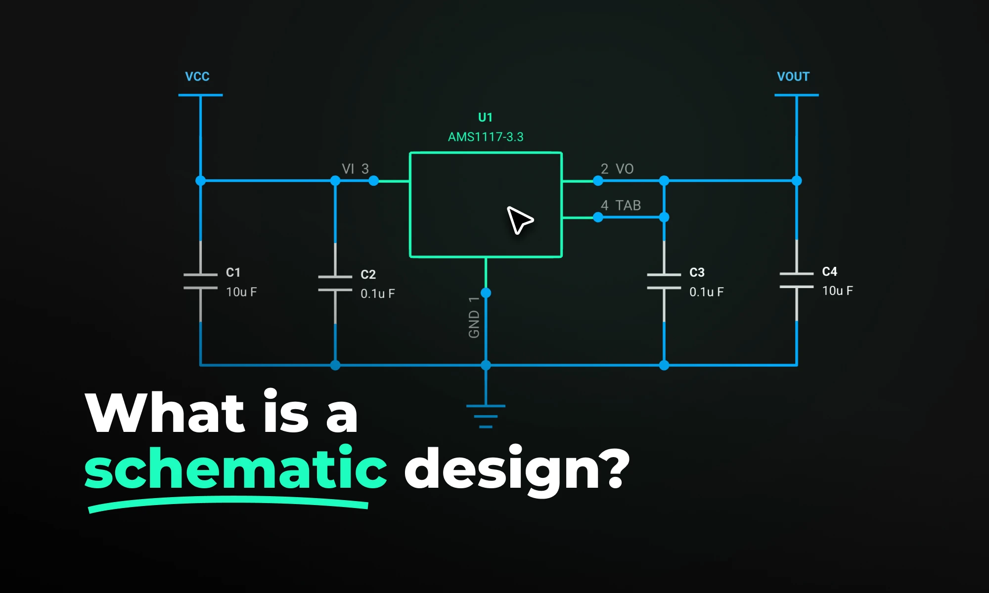 A simplified schematic showing capacitors (C1, C2, C3, C4) and voltage regulator(U1) connected to input voltage (VCC) and GND rails with output voltage (VOUT).
