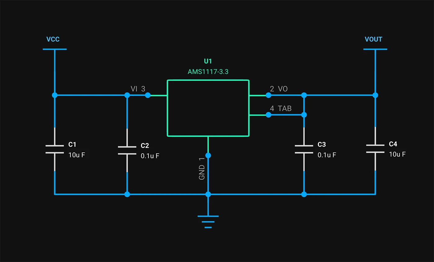 A simplified schematic showing capacitors (C1, C2, C3, C4) and voltage regulator(U1) connected to input voltage (VCC) and GND rails with output voltage (VOUT).