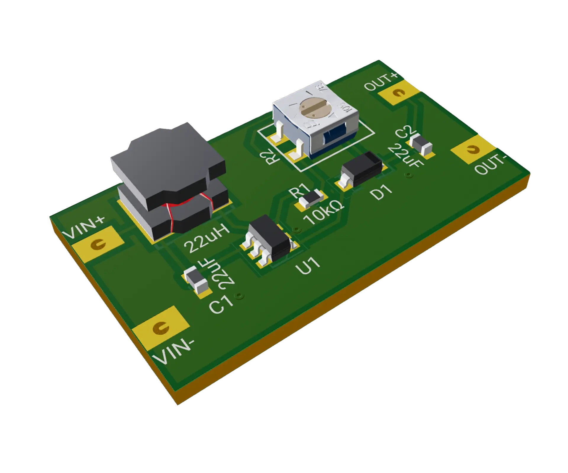 3D PCB view of MT3608 Breakout Board