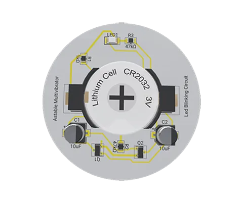 3D PCB view of Led Blinking Multivibrator FlipFlop Circuit