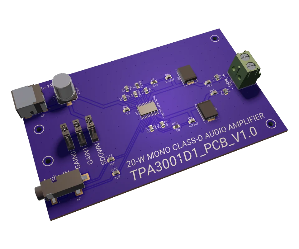 3D PCB view of 20W Mono Audio Amp