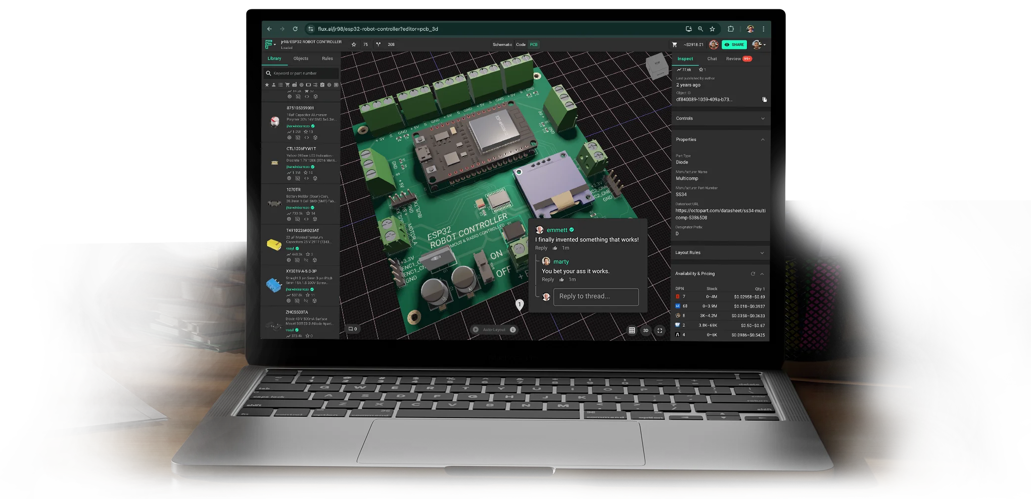 Flux, an AI-powered EDA tool featuring a Copilot that reviews designs, interprets datasheets, and can even route your board, is displayed on a laptop browser.